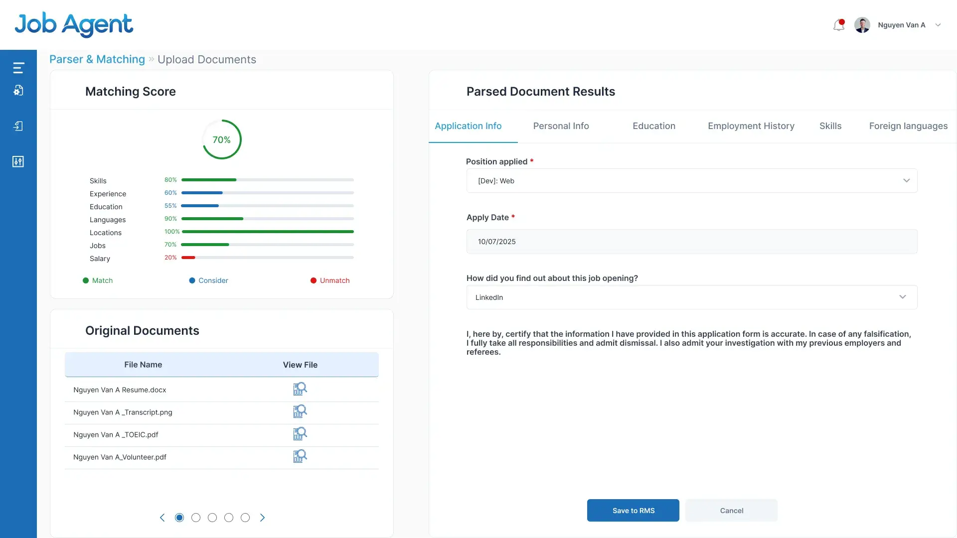 Candidate matching score breakdown by skills, experience, education, and other criteria in Job Agent