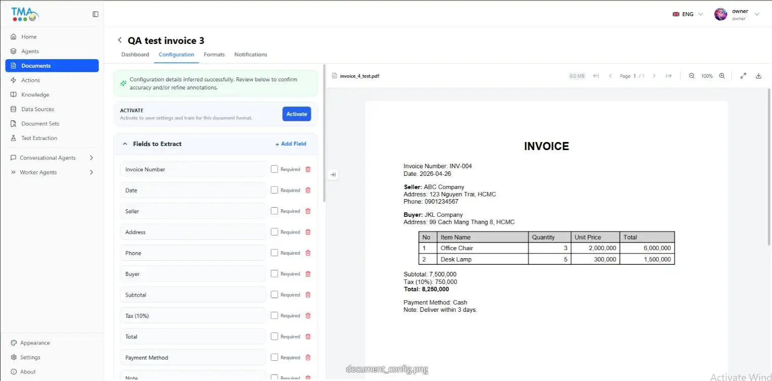 Schema configuration screen showing inferred document fields and validation status